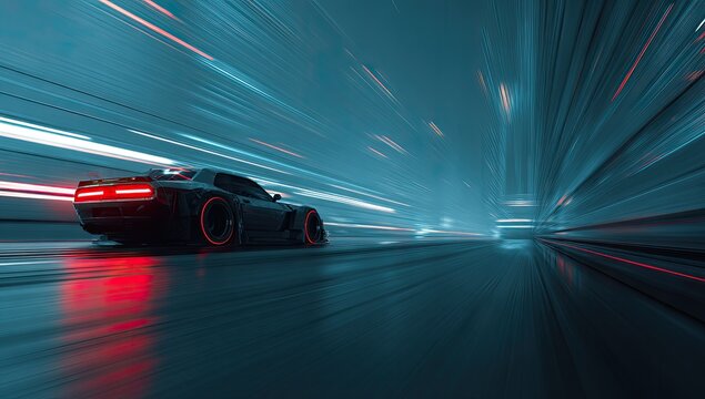 Fototapeta Futuristic sports car zipping through a vibrant, motion-blurred urban tunnel