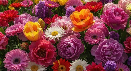 A vibrant display of mixed flowers featuring tulips, gerberas, and peonies in full bloom in a garden setting