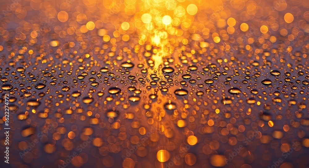 Wall mural golden light reflecting on water droplets creating a bokeh effect on a dark surface view from above
