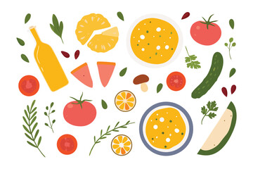 Culinary Delight: An artistic assortment of fresh, vibrant ingredients, including fruits, vegetables, and soup bowls, arranged to create a colorful, appetizing display.