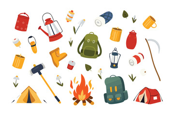 Camping Gear and Essentials: A vibrant illustration showcasing an array of essential camping gear and equipment, capturing the spirit of outdoor adventure and exploration. 
