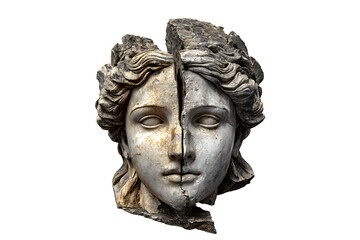 Obraz premium Ancient broken marble sculpture of a woman's face, isolated on a transparent background.