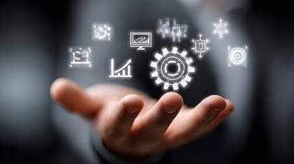 IT Consulting. Businessman holds digital consulting network connecting icon representing IT solutions, focusing on innovation, strategy, optimization, growth, and technology-driven 