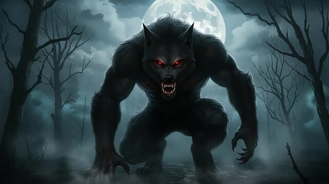 A menacing werewolf prowls under a full moon in a dark, eerie forest setting