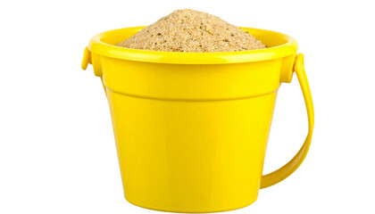 Yellow Plastic Bucket Filled with Sand for Easy Integration isolated on solid white background