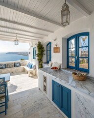 Bright veranda with blue accents overlooking the sea and coastal landscape with white furniture and decor