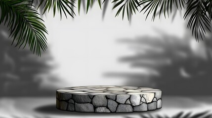 Stone Platform Product Display Mockup with Palm Leaf Shadows