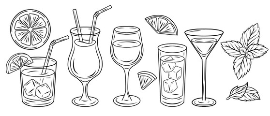 Vector set of sketches of cocktails in different glasses and additives - lemon, orange and mint. Collection of outline drawn alcoholic drinks