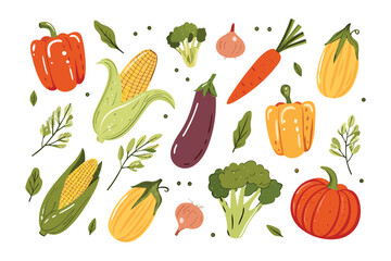 Vibrant Vegetable Feast: A colorful illustration showcasing a bountiful assortment of fresh, organic vegetables. Featuring a medley of peppers, corn, eggplant, broccoli and more.