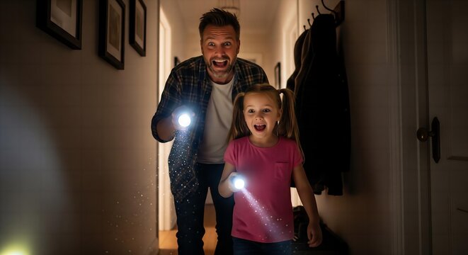 A dad and his daughter pretending to be ghost hunters, creeping through their dimly lit house with flashlights, their faces a mix of fake fear and excitement.