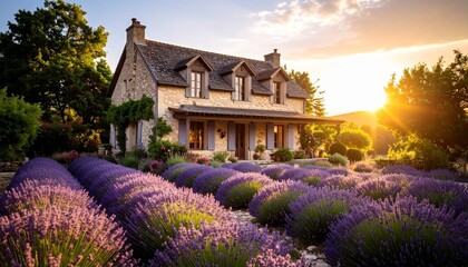 Old French country home with shuttered windows, stone facade, and lavender garden. Rustic, charming, and picturesque, perfect for architecture, travel, and lifestyle photography projects.