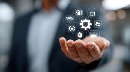 IT Consulting. Businessman holds digital consulting network connecting icon representing IT solutions, focusing on innovation, strategy, optimization, growth, and technology-driven 