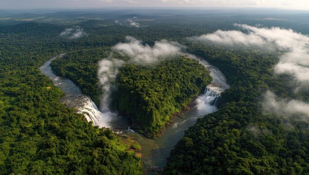 Aerial view of twin waterfalls cascading into a lush green valley, shrouded in mist
