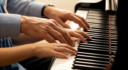 Fototapeta premium An eye-catching image of a father and his daughter's hands, playing the piano together, a beautiful, harmonious, and heartwarming scene.
