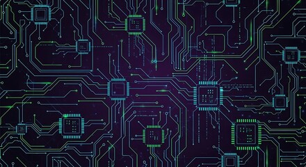 Glowing Neon Circuit Board Pattern With Microchips