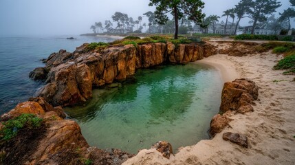 Coastal rock pool, misty shore