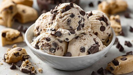 A bowl of chocolate chip cookie dough ice cream topped with chocolate chips.