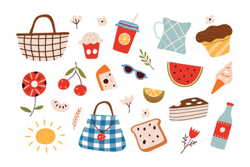 Picnic Delight: A colorful array of picnic essentials, from a sunlit vista, showcasing a delightful scene of food and accessories, evoking feelings of summer fun.
