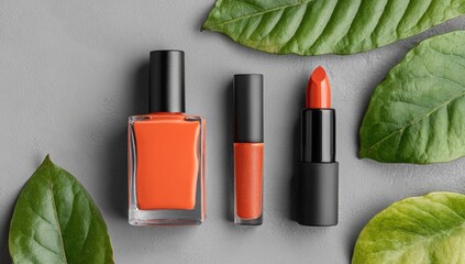 Coral cosmetics, nail polish, lipstick, and leaves on gray background