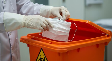 Healthcare professional safely disposes of used face mask in biohazard bin, ensuring proper waste management.