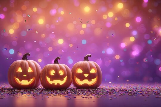 Three lit pumpkins on a confettistrewn surface set against a backdrop of blurred bokeh lights in orange pink and purple hues