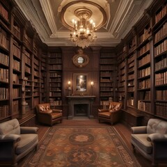 Grand library showcases dark wood bookshelves, fireplace and luxurious furnishings.