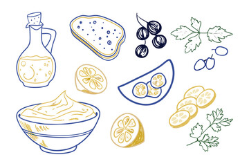 Culinary Essentials: A hand-drawn ensemble of wholesome culinary ingredients, from aromatic herbs to fresh produce, ready to elevate any dish.