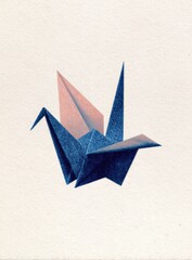Delicate origami crane, muted blue and blush pink, minimalist style
