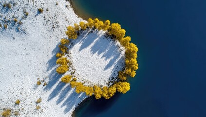 Circle of yellow trees on snowy island in a lake