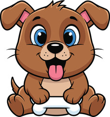 Obraz premium Adorable cartoon puppy, brown dog character, cute pet illustration, happy playful animal, kids artwork, bone-holding dog, blue-eyed puppy, stock image
