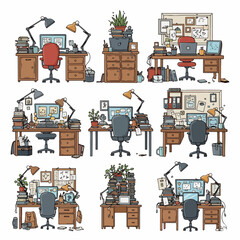 Messy desks, cluttered workspaces, office organization concepts