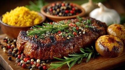 Close-up of a grilled steak topped with herbs and seasoning, surrounded by ingredients.