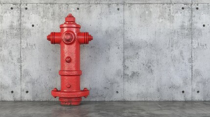 A red fire hydrant stands against a gray concrete wall.