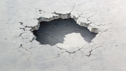 A circular hole pierced through a cracked, light-gray surface