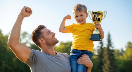 A father holding his son, who is holding up a "World's Best Dad" trophy, with the son pretending to be very strong and proud.