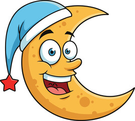 Cartoon crescent moon, blue nightcap, smiling character, whimsical bedtime illustration, nursery decor, children's story art, cute dreamy night