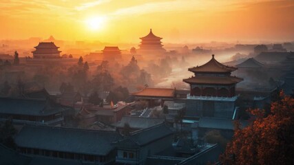 This stunning video captures a panoramic view of historical pagodas under a golden sunset. Perfect for travel content, cultural documentaries, and serene landscapes. Generative AI