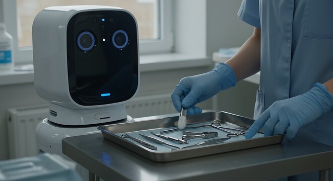 Advanced medical robot assists surgeon with sterile instrument preparation in modern healthcare setting - Powered by Adobe