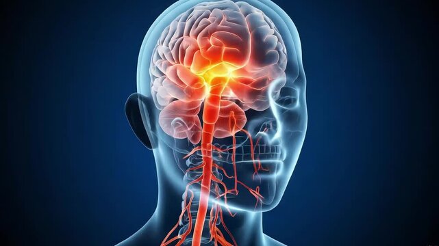Detailed illustration of human brain anatomy highlighting blood vessels and neural pathways