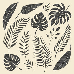 Elegant hand drawn botanical silhouettes of tropical leaves in dark gray perfect for minimalist designs and decor