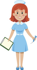 Cartoon nurse holding clipboard and syringe, medical professional vector, healthcare worker in uniform, hospital character, cute nurse illustration, hospital staff