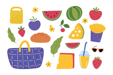 Picnic essentials: A vibrant illustration of picnic essentials with fresh fruit and delicious food, designed in a playful and colorful style, perfect for celebrating the simple joys of outdoor dining.