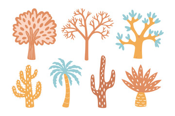 Botanical Diversity: An illustrated collection of unique trees and cacti showcase a vibrant assortment of botanical species, celebrating the beauty and variety found in the natural world.
