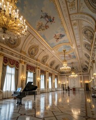 Fototapeta premium Grand ballroom featuring a piano chandeliers and ornate ceiling with classical paintings and marble floor