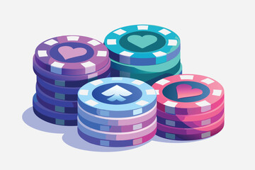 Isometric illustration of poker chips displaying suits and colors casino gambling theme