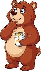 Cute cartoon bear holding honey jar, adorable forest animal, children's character illustration, playful brown bear, vector clipart, wildlife theme art