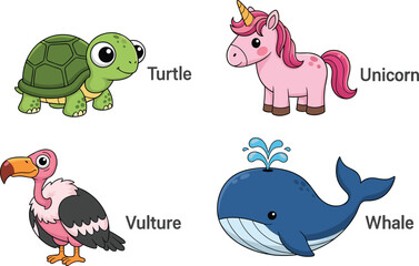 Cute cartoon turtle, unicorn, vulture, whale illustration, colorful animal characters, kids drawing, educational design, wildlife bundle, vector clipart, fantasy theme