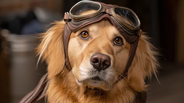 Golden Retriever Dog Dressed As Vintage Pilot With Goggles and Hat