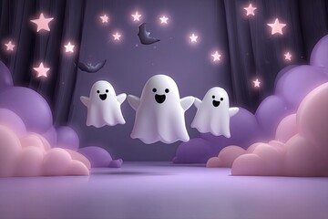 Three white ghosts float in a room decorated with purple clouds bats and stars