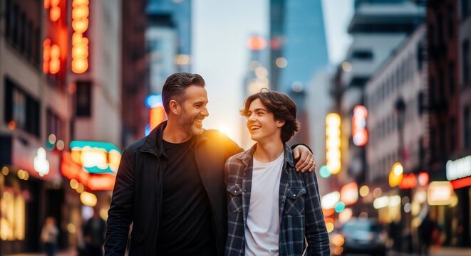 A stylish photorealistic image of a modern dad and his teenage son laughing and walking together down a vibrant, urban city street. - Powered by Adobe